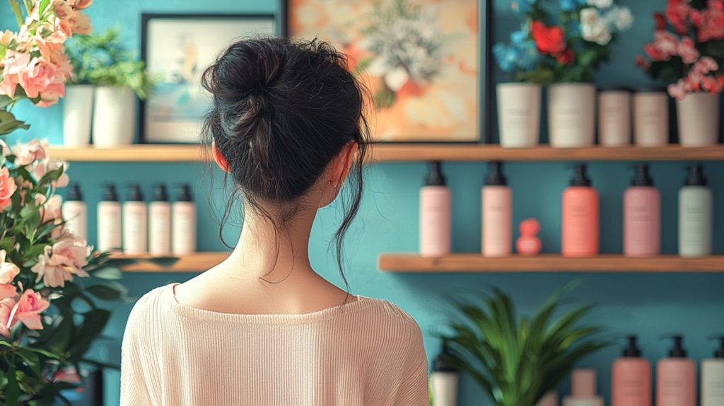 Девушка выбирает косметику